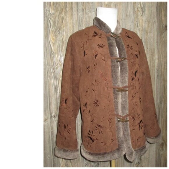 Relativity Small Brown Embroidered Sherpa Lined Faux Suede Coat Toggle Boho Y2K - Picture 1 of 15